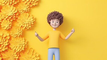 Illustration of man thumbs up. Young guy in a yellow tshirt shows a sign cool, good, feedback,...