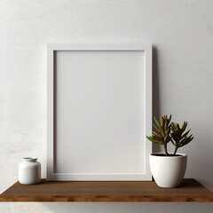 A clean empty white picture frame sitting next to a plantation