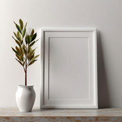 A clean empty white picture frame sitting next to a plantation
