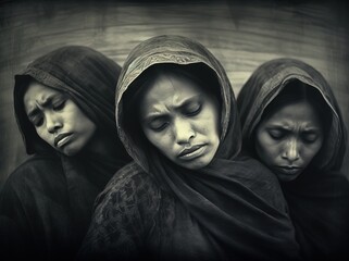 Several asian women in veils, suffering, stop violence against women - obrazy, fototapety, plakaty