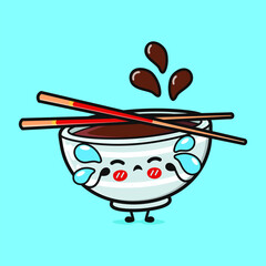 Cying Bowl of soy sauce character. Vector hand drawn cartoon kawaii character illustration icon. Isolated on blue background. Sad Bowl of soy sauce character concept