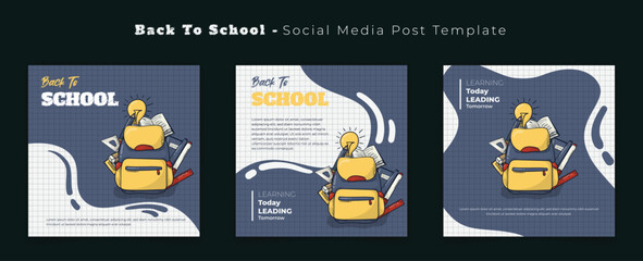 Set of social media post template with grid background and cartoon of school stationary design
