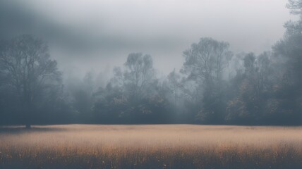 Obraz na płótnie Canvas Panoramic view of misty foggy meadow in autumn