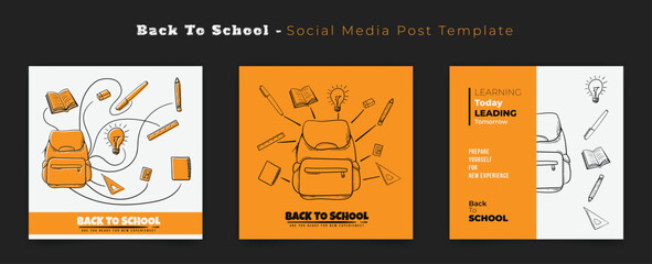 Set of social media template with line art of school stationary design for back to school campaign