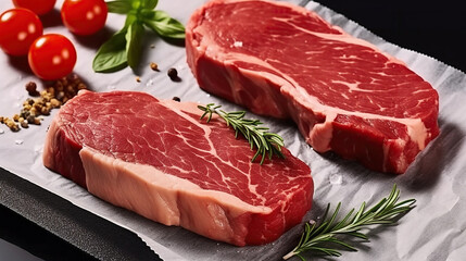 Fototapeta premium Savory Delights, Tender Raw Strip Loin Steaks Embraced by Baking Paper. Generative AI