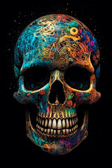 Illustration, a skull with a colorful pattern.	