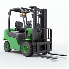 Green forklift for use in a warehouse, pivotal for logistics, material handling, and storage, isolated on a white background Ai generated image