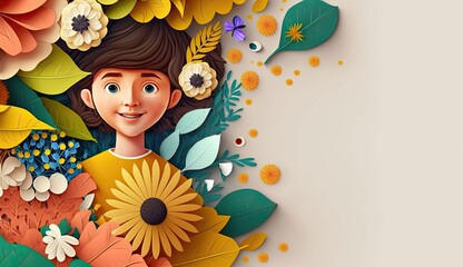 Cute boy Birthday greeting for kids with floral background and copy space for text, Happy birthday illustration with empty space for text, 3d paper cut style illustration