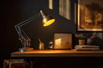 On a wooden table inside, there is a unique lamp. Generative AI