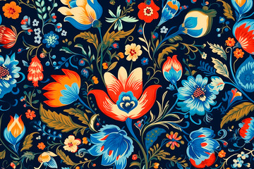 Decorative floral blue pattern: illustration of large red flowers on a blue background. AI generated.	