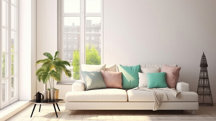 Stylish room in white color with sofa. Scandinavian interior design. 3D illustration. Generative AI