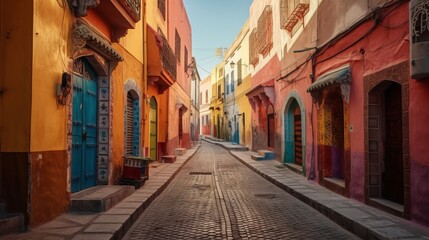 Fototapeta na wymiar Street view of a Moroccan alley with colorful houses. Generative AI