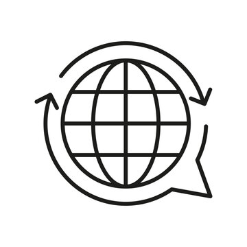 Global business icon. International outsourcing sign. Earth in circular arrows. Earth in message icon. Vector illustration. stock image.