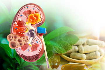 Treatment kidney disease with drug and herb background. - obrazy, fototapety, plakaty
