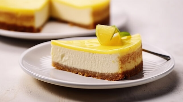 A slices of lemon cheesecake on a plate. Generative AI