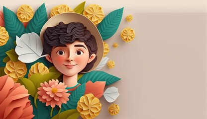Cute boy Birthday greeting for kids with floral background and copy space for text, Happy birthday illustration with empty space for text, 3d paper cut style illustration