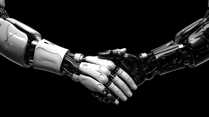 Handshake of two robots, cybersecurity concept, meeting in the future, fantasy world, generative AI