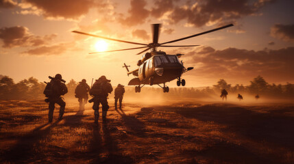 Plakat military helicopter transports soldiers.