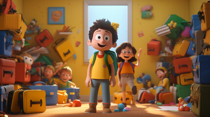3d render happy kids for back to school, cartoon illustrations generative ai
