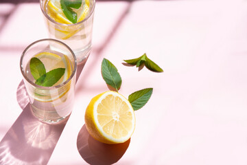 Two glasses filled with water, mint and sliced lemon on table