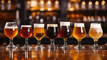 Different types of craft beer in glasses on table in pub interior in daylight. Generative AI