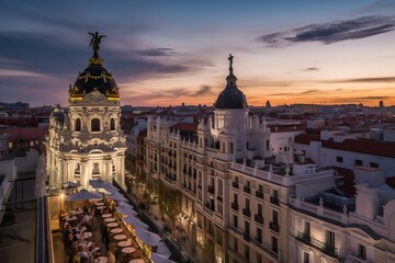 Luxury rooftop terrace overlooking Gran Via in Madrid, generative ai