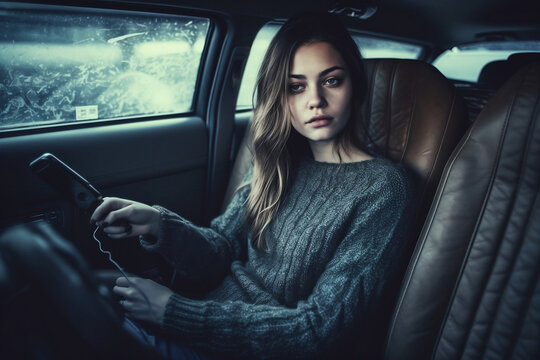  beautiful women sitting in the car with her phone