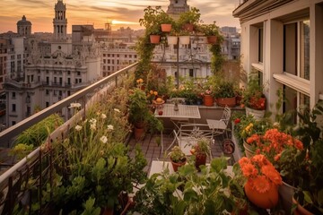 Vegetable garden in an urban terrace, generative ai