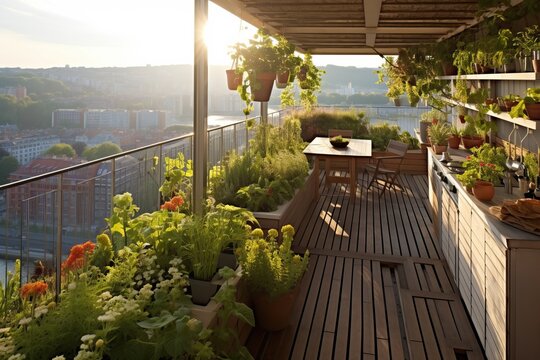 Vegetable garden in a big city apartment terrace, generative ai