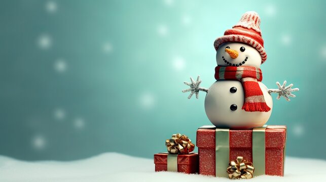 Christmas - cute snowman with gifts for happy christmas on snow background and new year festival wallpaper, X mas greeting and wishes banner