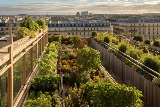 Vegetable garden in an urban terrace in Paris, generative ai