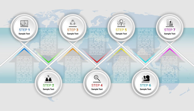 7 Step Circle Infographic Is Linked By A Zigzag Tube And A 7 Different Colors Arrow With Description, With A Global Map Behind It.