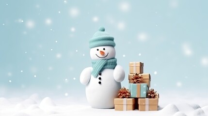Christmas - cute happy smile snowman with gifts for happy christmas and new year festival wallpaper, X mas greeting and wishes banner