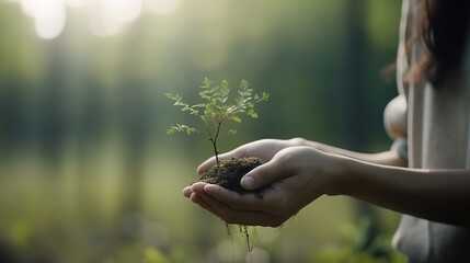 environment Earth Day In the hands of trees growing seedlings. Generative Ai