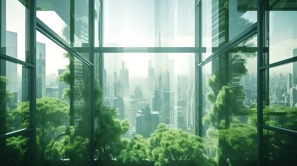 green city - double exposure of lush green forest and modern skyscrapers windows. Generative Ai