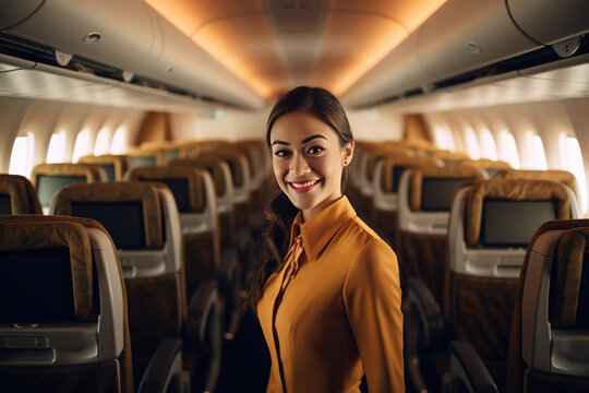 Air hostess smiling inside an empty plane