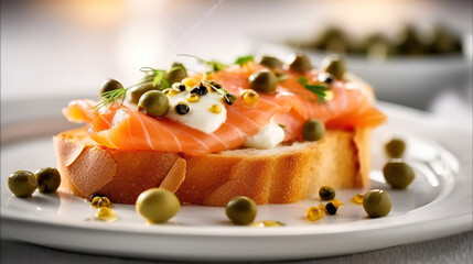 A piece of bread topped with salmon and capers on top of a white plate with olives on top of it, Generative AI - obrazy, fototapety, plakaty