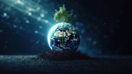 Obraz premium Tree growing on Earth with abstract blue background. Generative Ai