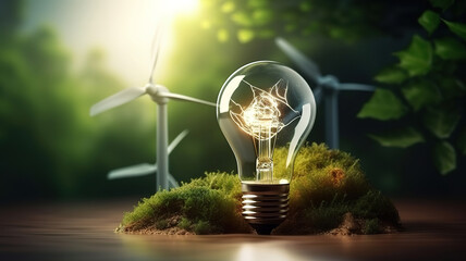 Hand holding light bulb on green nature with icons energy sources for renewable. Generative Ai