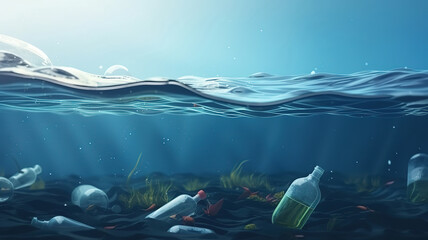 Plastic bottles sinking in to the ocean. Enviromental polution concept. World ocaens day. Generative Ai