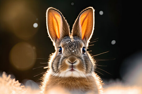 a rabbit that is looking at the camera with snow on it's face and ears, in front of a black background