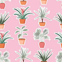 Fototapeta na wymiar Bright seamless pattern with potted house plants. Vector illustration