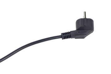 Electric European plug on a white background. The concept of saving electricity or charging. Black power cable with plug