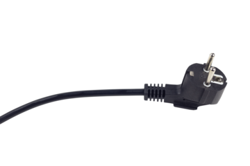 Electric European plug on a white background. The concept of saving electricity or charging. Black power cable with plug