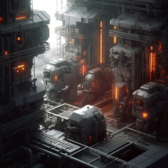 Factory Industrial Robot Production Futuristic 3D Sci-fi Science Fiction Machine Manufacturing Cyberpunk Technology Generative AI Revolution Age 