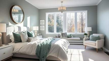 Roomy modern bedroom with plenty of natural light, a dressing area, and a wide window seat. Geerative AI