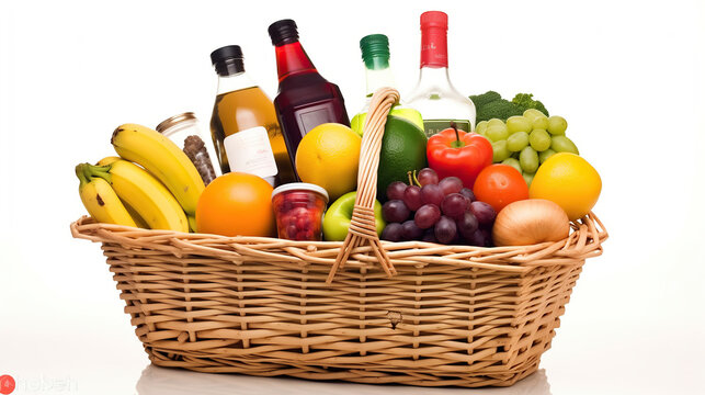 Shopping basket full of variety of grocery products, food and drink isolated on white background. Generative AI