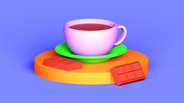 3d rendering of chocolate drink cup and mini plate illustration, isolated on blue background