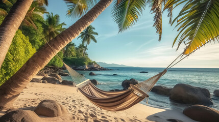 Swinging Tranquility Beneath Palm tree with A hammock, hanging from a palm tree on a beautiful beach. Generative AI