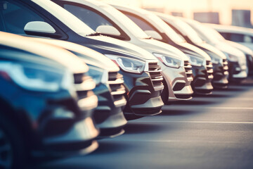 Row of parked cars on sunset. Generative AI.
